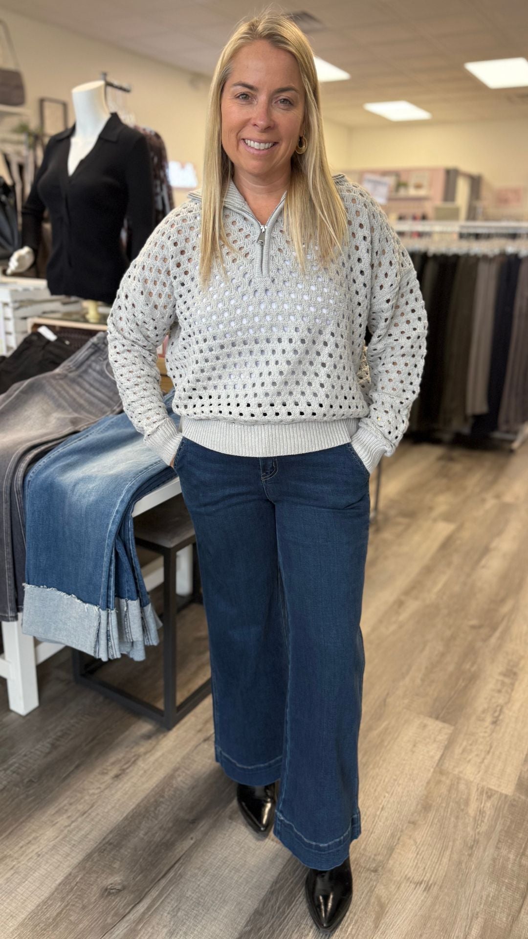 Gray Half Zip Open Knit Sweater