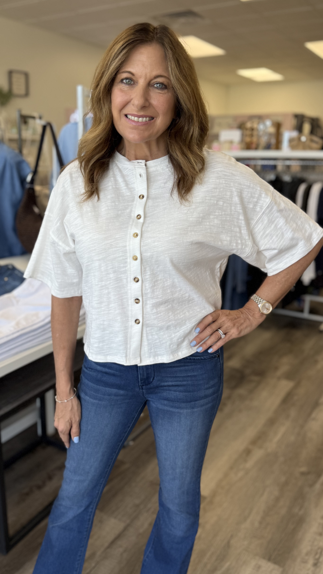 White Button Down Round Neck Half Sleeve Top