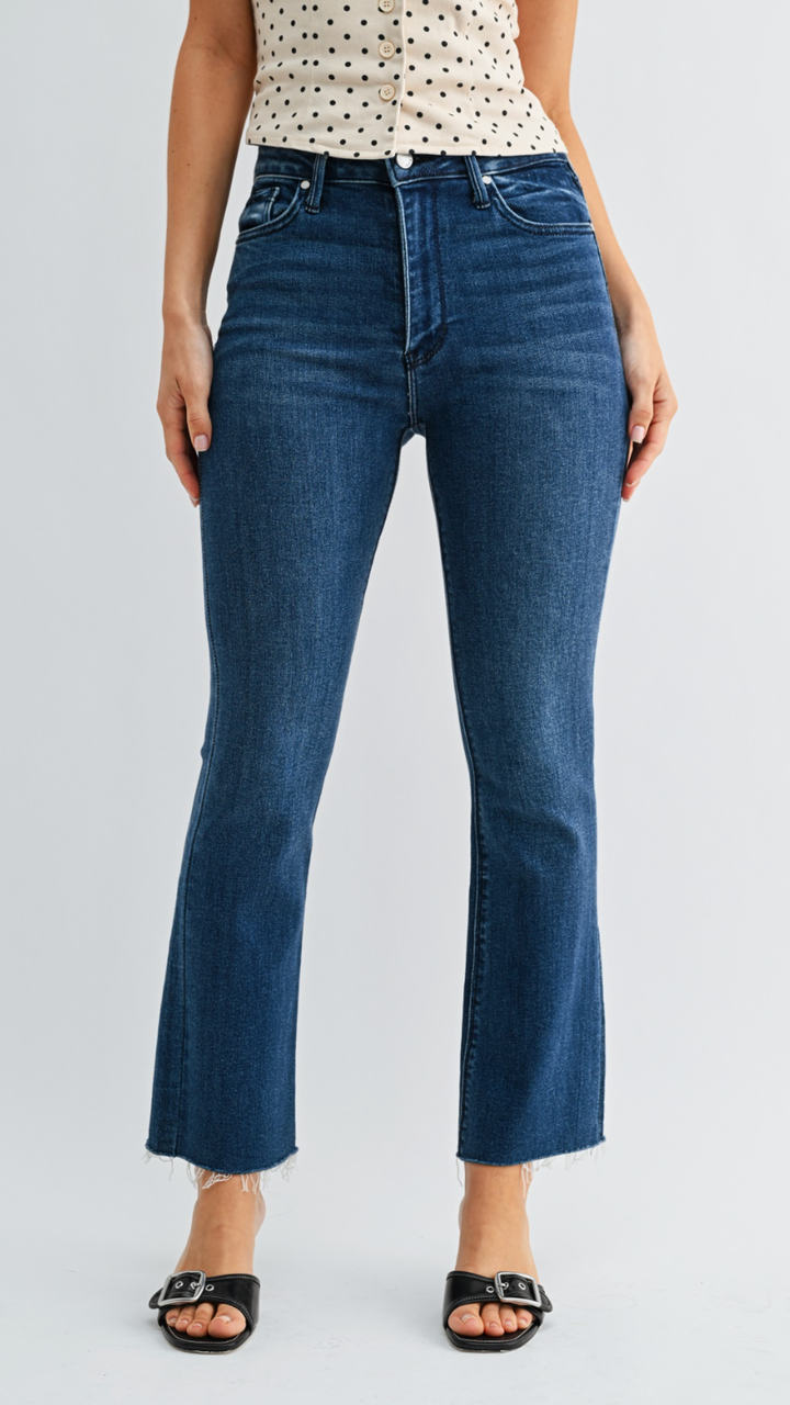 High Rise Dark Wash Tonal Crop Flare Jeans