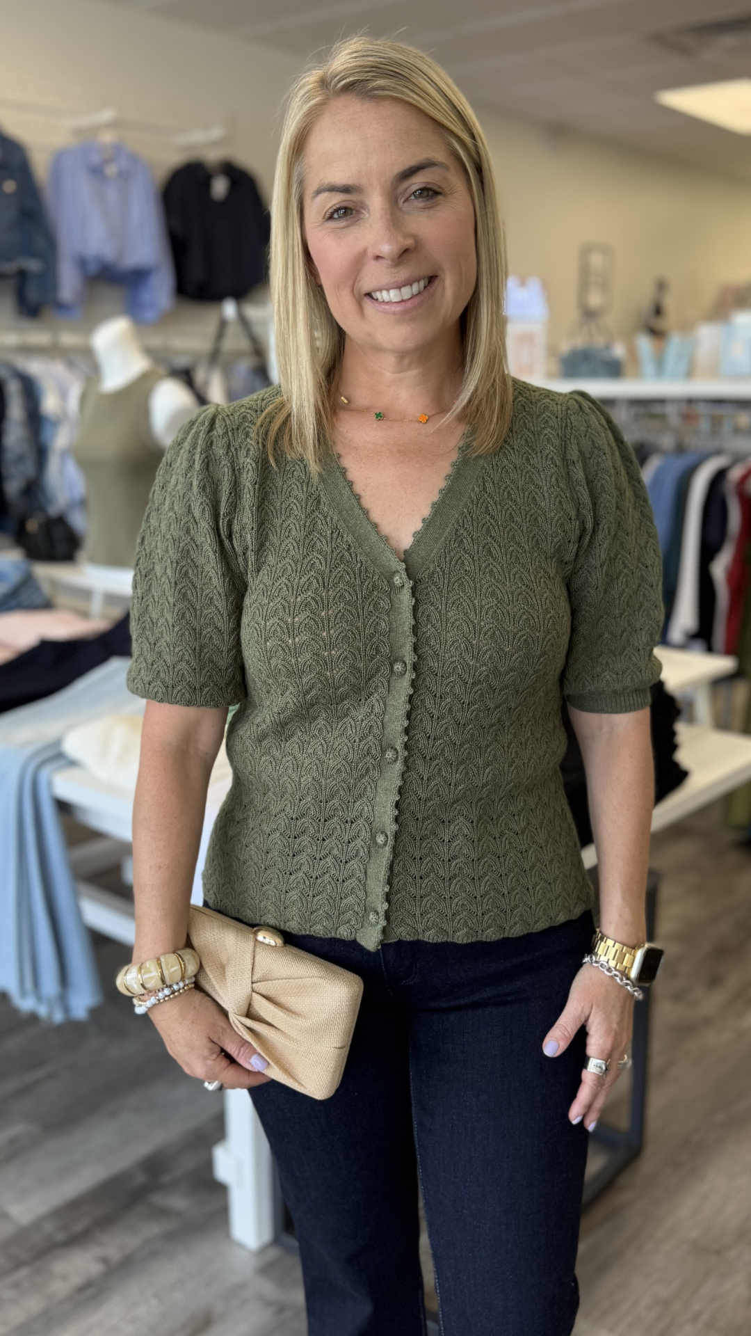 Olive Puff Sleeve Scalloped Edge Top