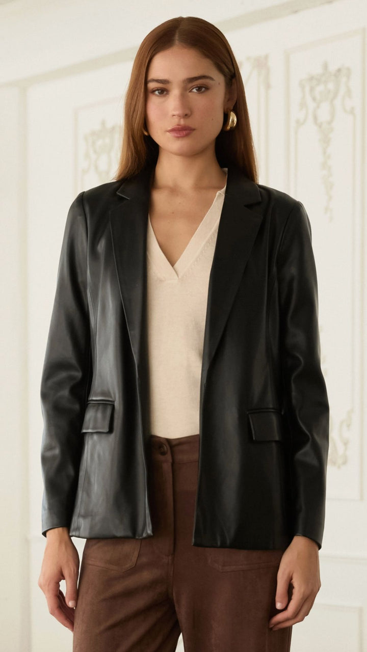 Faux Leather Open Blazer