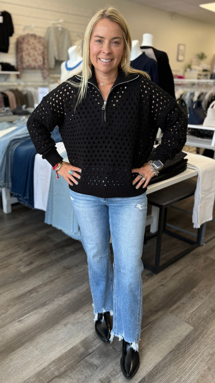 Black Half Zip Open Knit Sweater