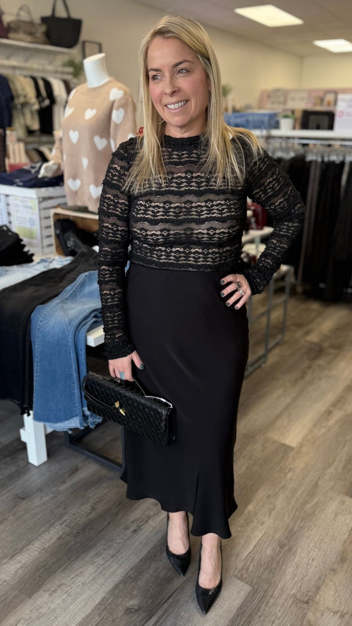 Black Woven Lace See Through Mock Top