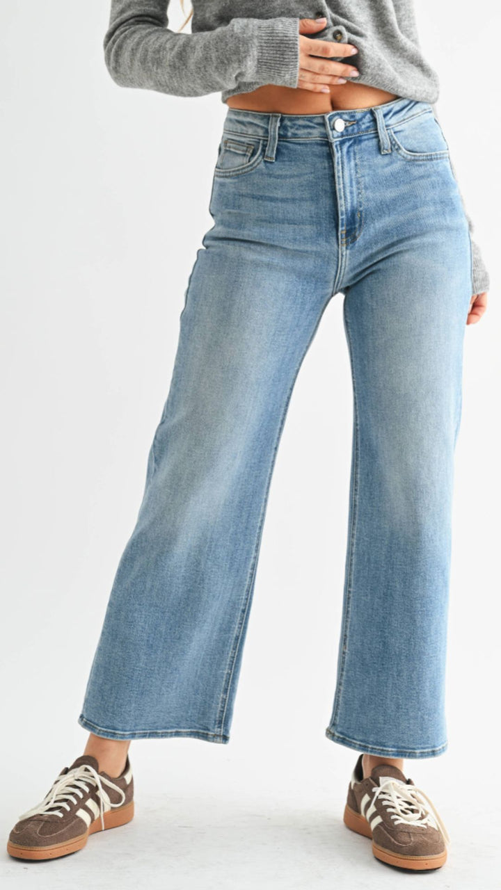 High Rise Medium Wash Slim Crop Wide Leg Jeans