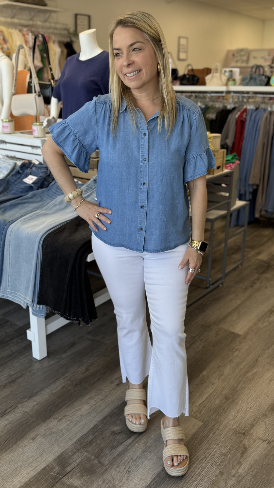 Tencel Ruffle Sleeve Button Down Top