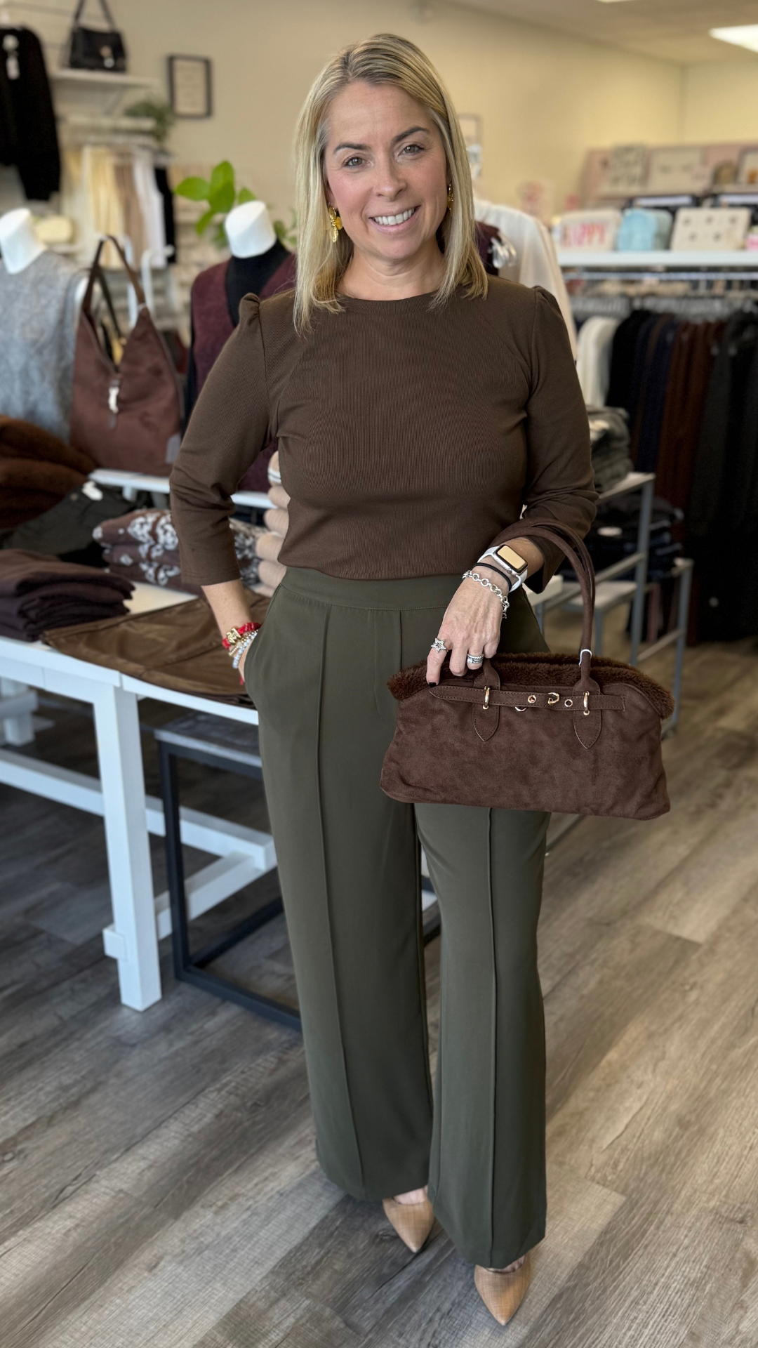 Brown Puff Sleeve Knit Top