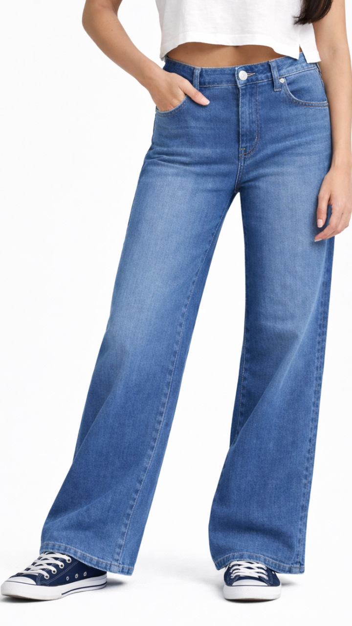 Mid Rise Medium Wash Better Butter Wide Leg With Shadow Masking Stripe Full Length Jeans