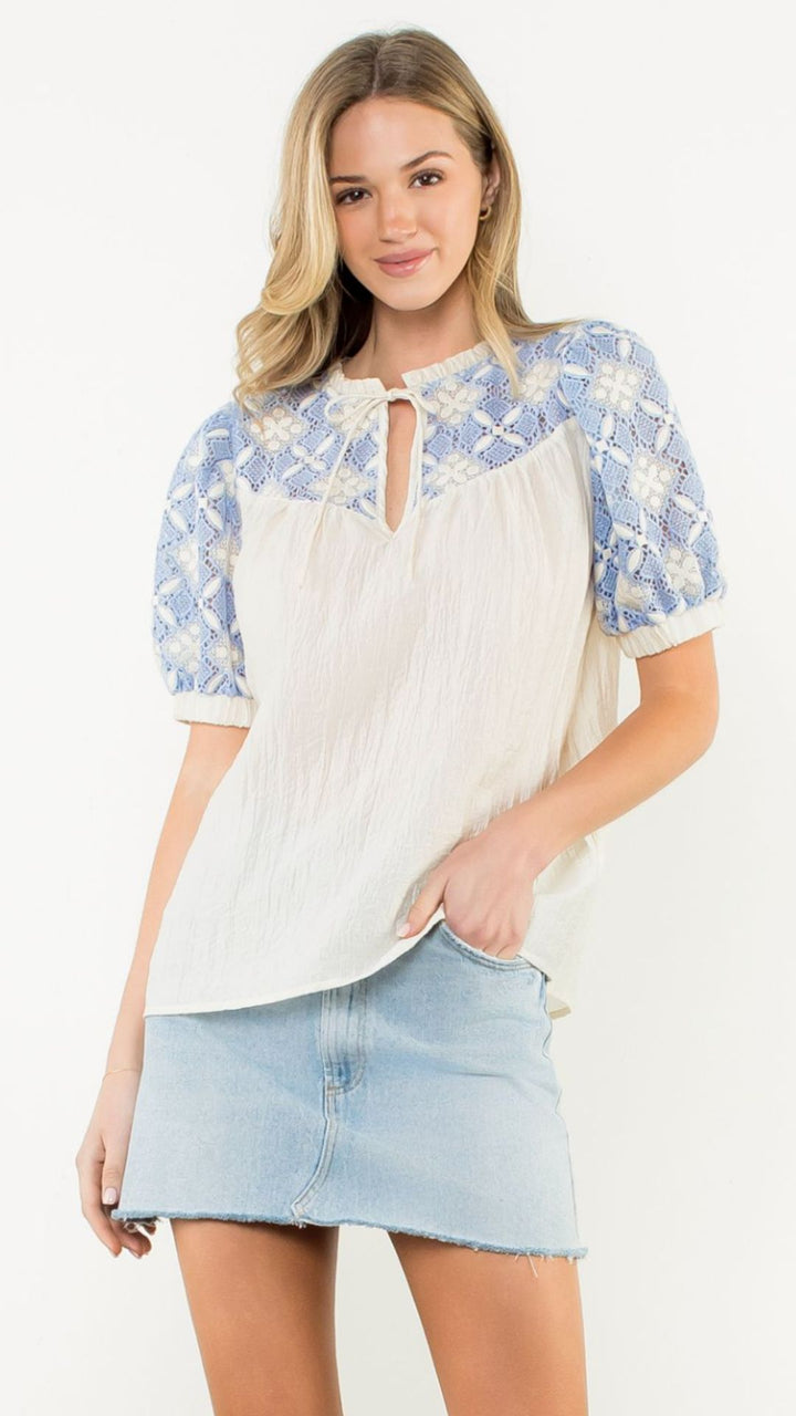 Embroidered Yoke Puff Sleeve Crinkle Top