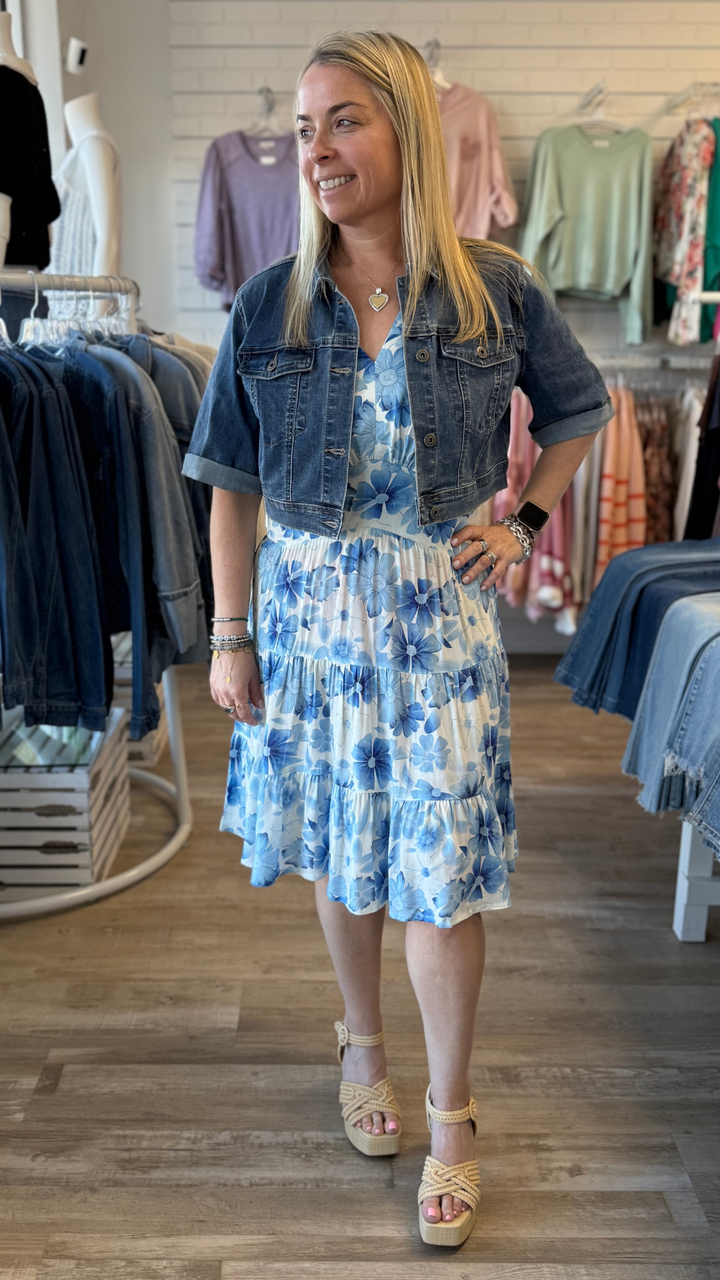 Celestial Printed Sleeveless V Neck Tiered Dress