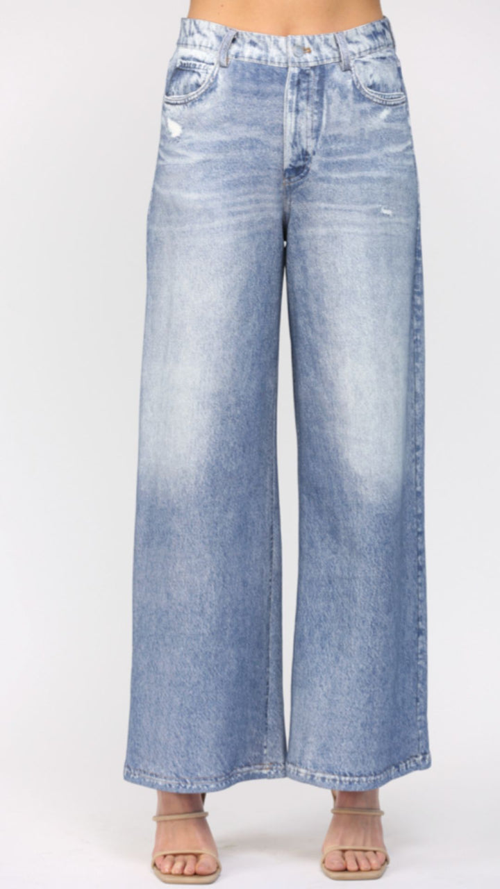 Denim Print Wide Leg French Terry Pants