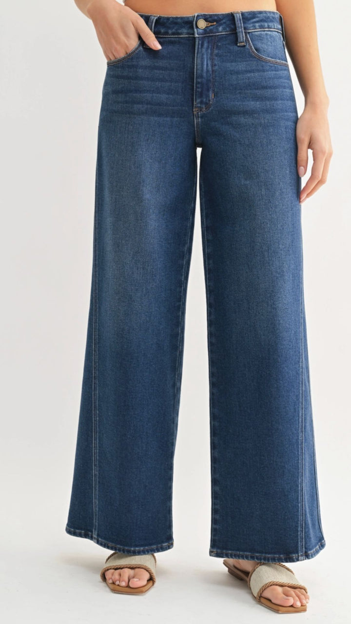 Mid Rise Dark Wash Seamed Wide Leg Jeans
