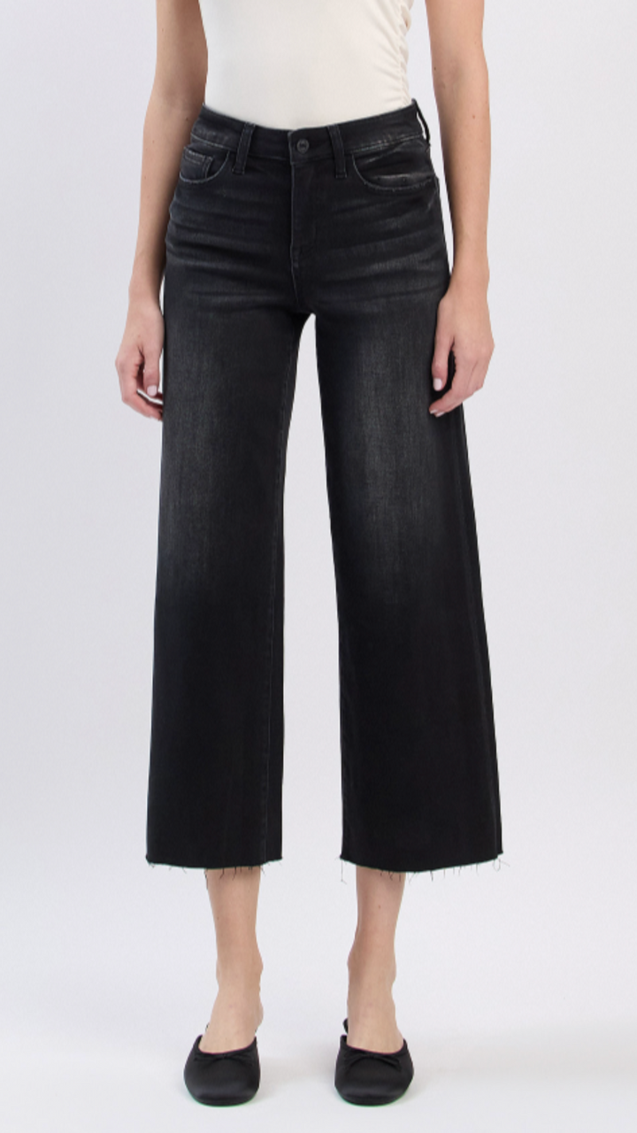 High Rise Black Crop Slim Wide Leg Jeans
