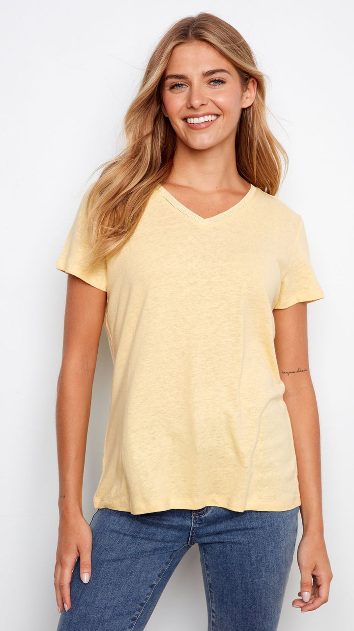 Sunshine Linen Blend V Neck Tee