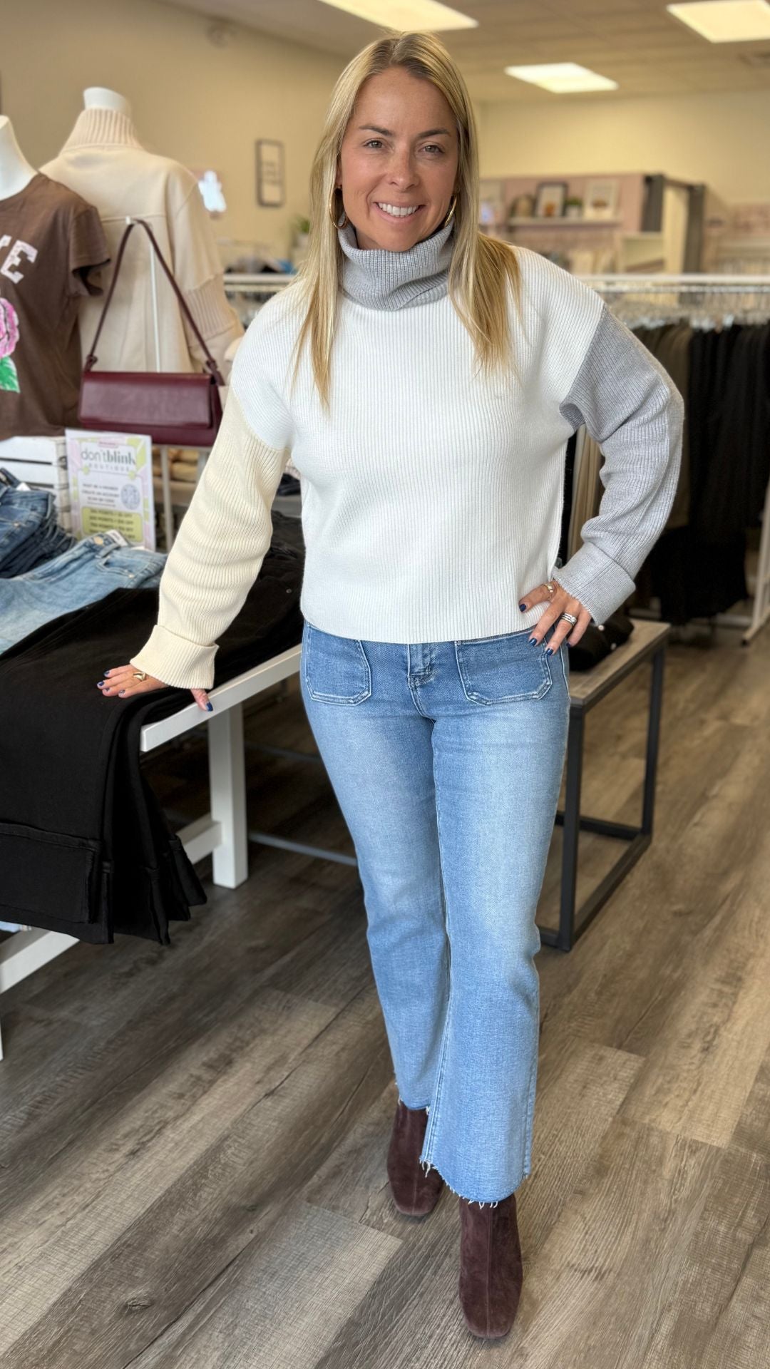 Colorblock Mock Neck Sweater