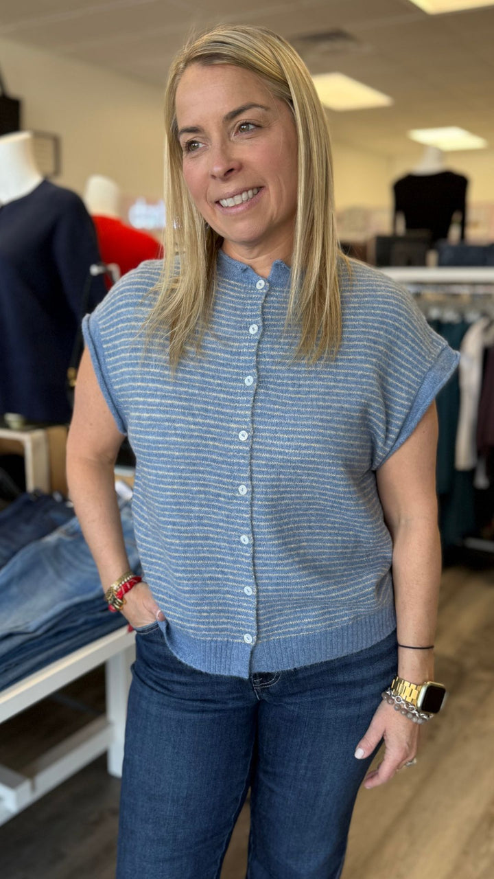 Dusty Blue Pin Striped Piper Vest Cardigan