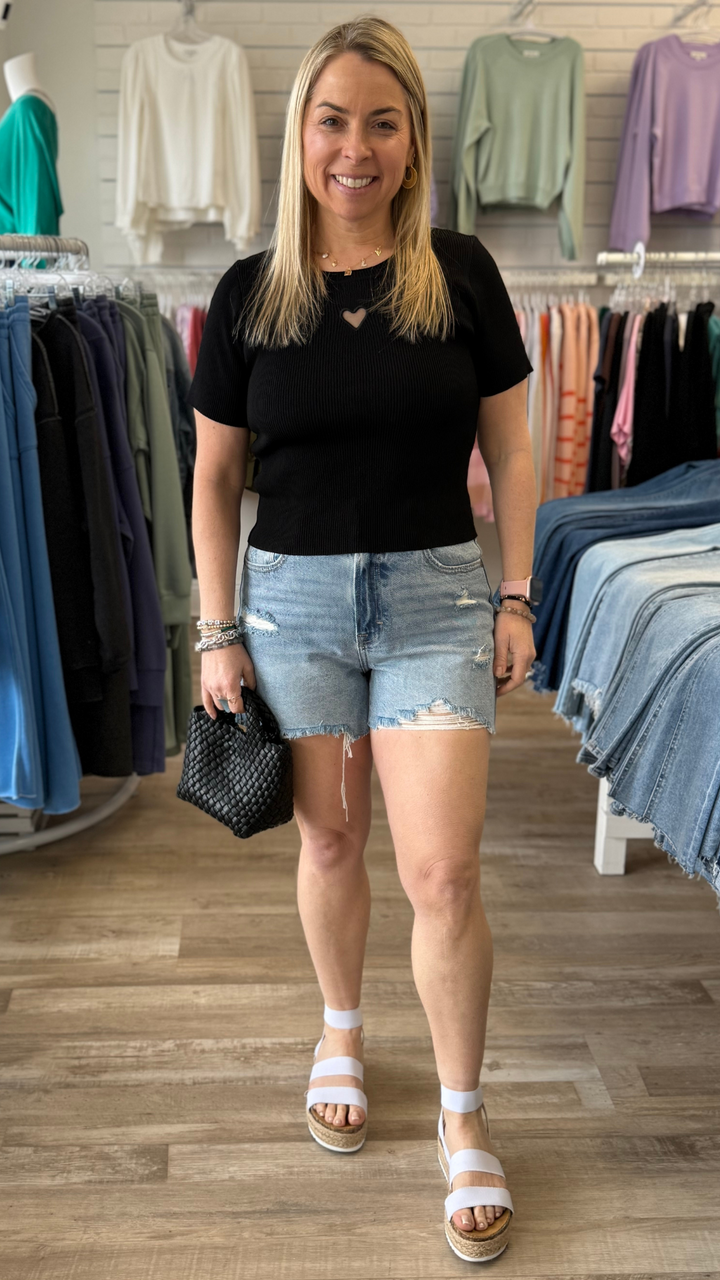 SOFIE High Rise Medium Light Distressed Mom Shorts