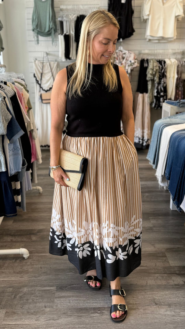 Beige Black Floral Detail Midi Dress