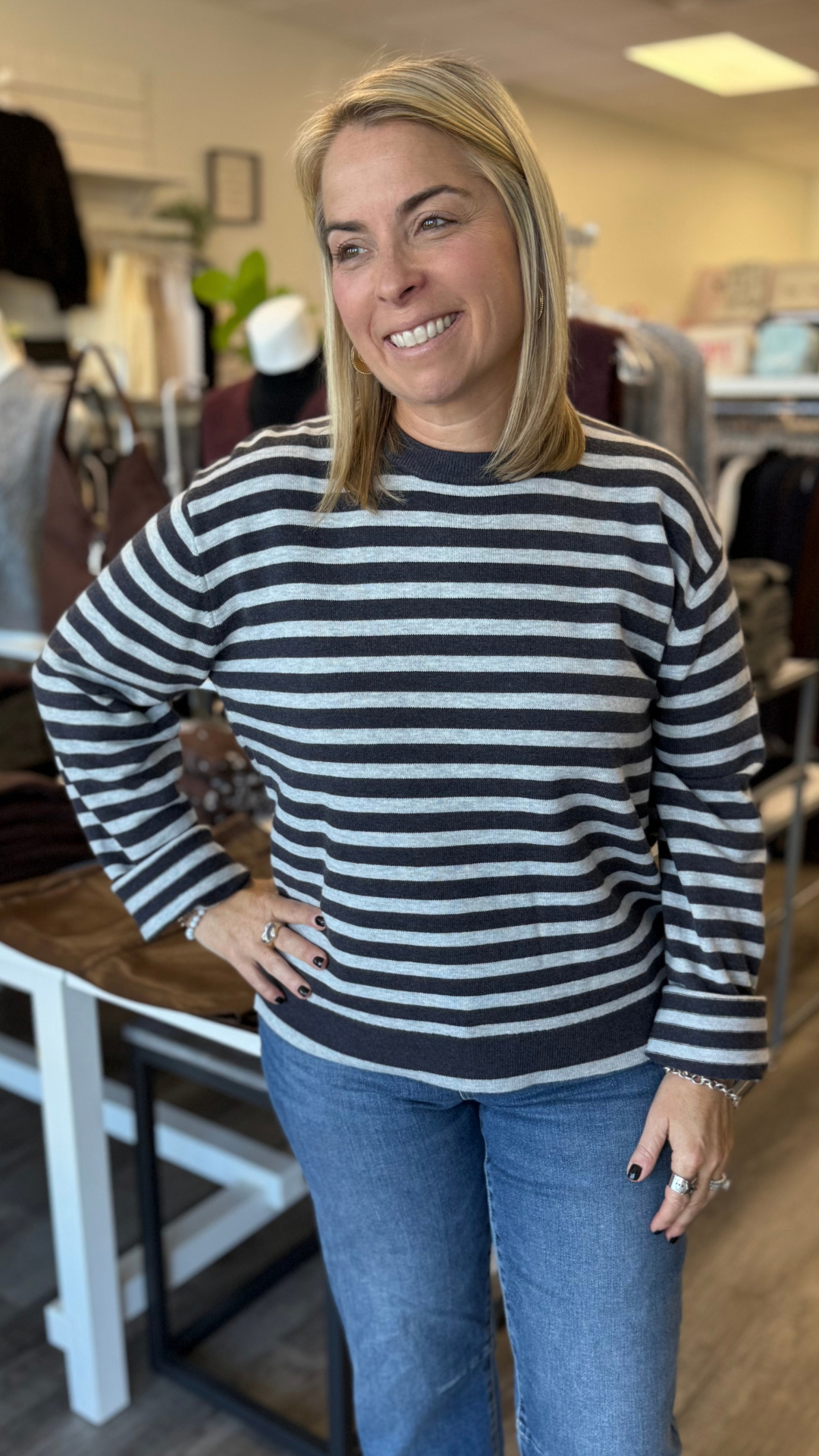 Navy And Heather Grey Oversized Striped Boyfriend Sweater