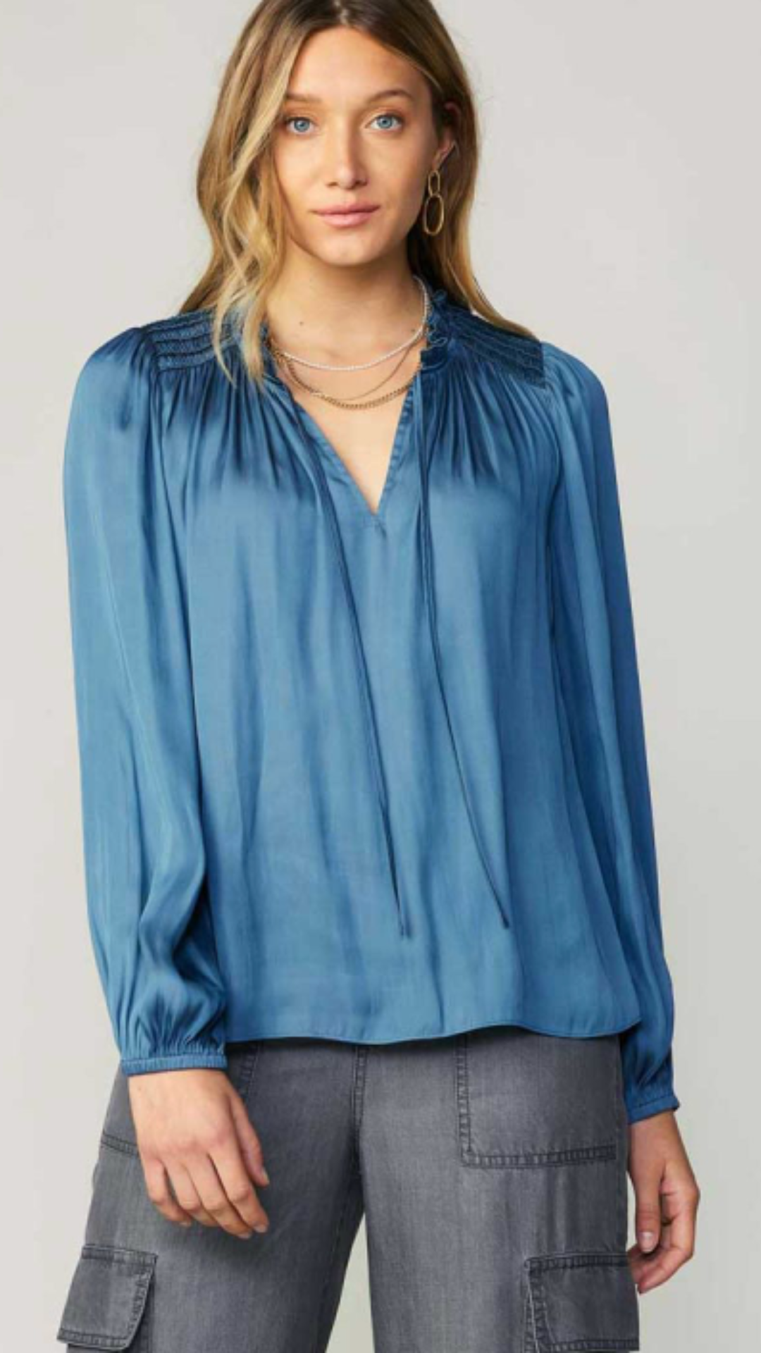 Split Neck Blouse With Ruffle Smocked Detail