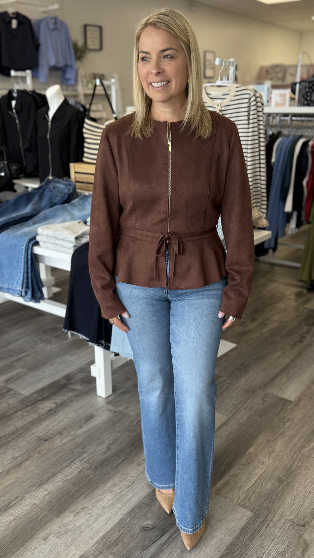 Brown Suede Zipper Jacket With Tie Waist