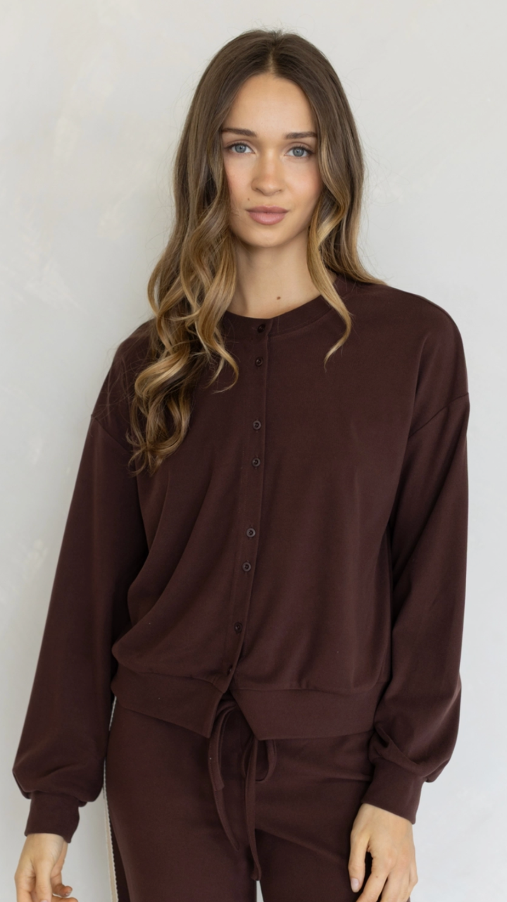 Chocolate Cardigan And Cream Side Stripe Knit Pants Set