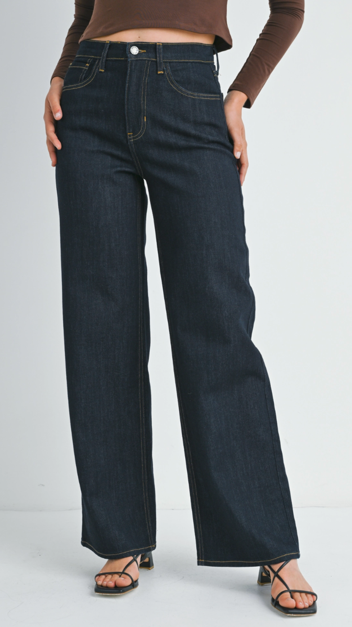 High Rise Super Dark Classic Wide Leg Full Length Jeans