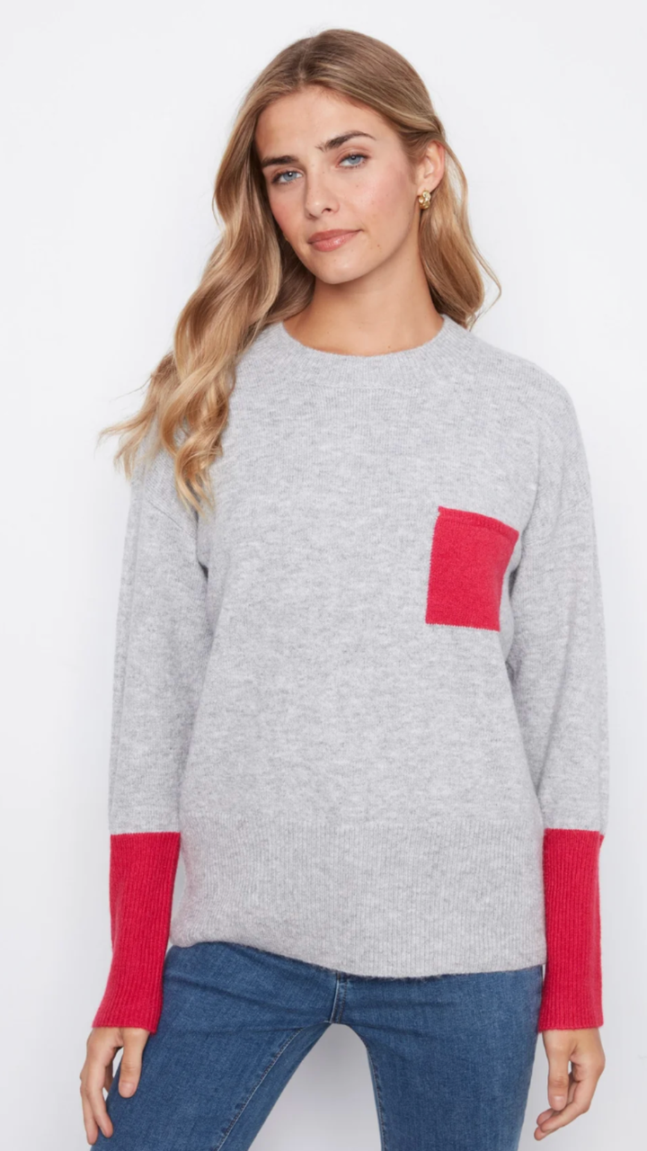Grey Crew Neck Sweater With Red Contrast Details