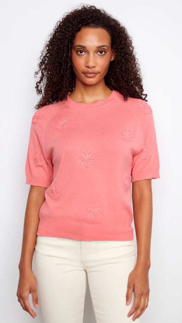 Sorbet Raglan Elbow Sleeve Flower Sweater