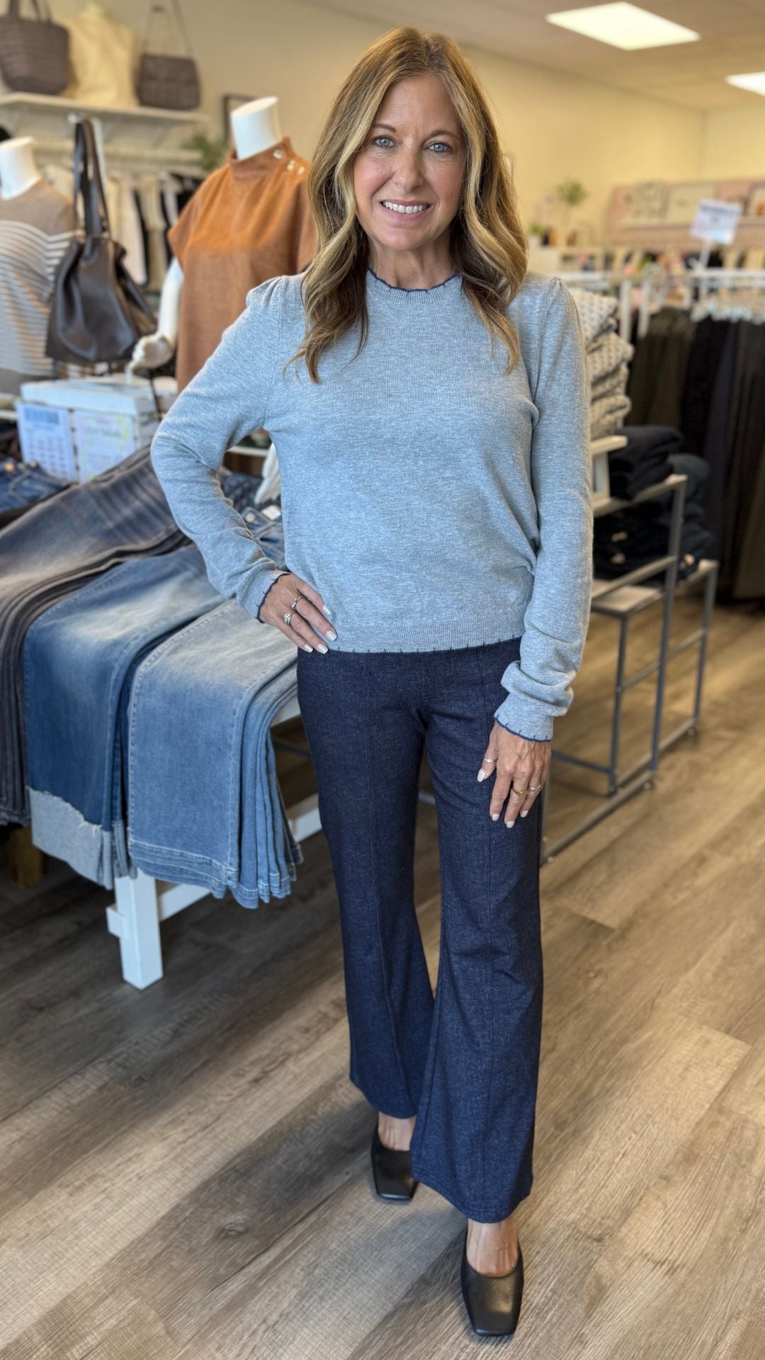 Heather Gray And Blue Contrast Knit Scalloped Edge Sweater