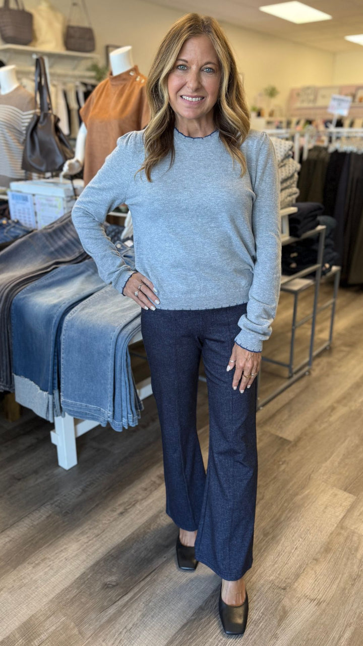 Heather Gray And Blue Contrast Knit Scalloped Edge Sweater