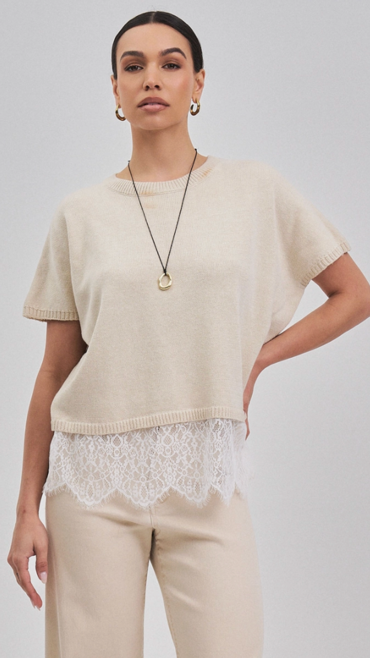 Lace Detail Short Sleeve Sweater Top