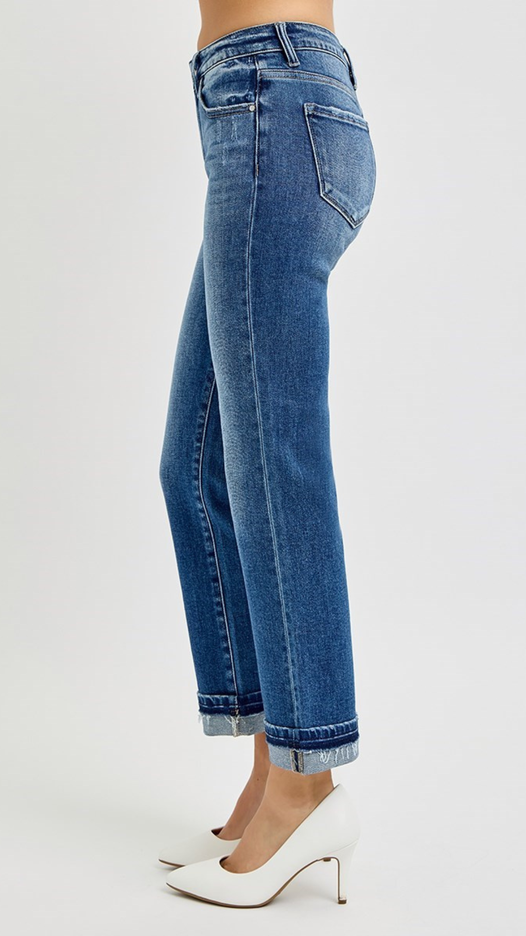 Mid Rise Ankle Straight Cuffed Jeans