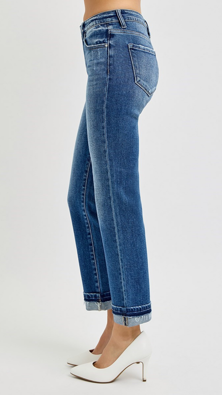 Mid Rise Ankle Straight Cuffed Jeans