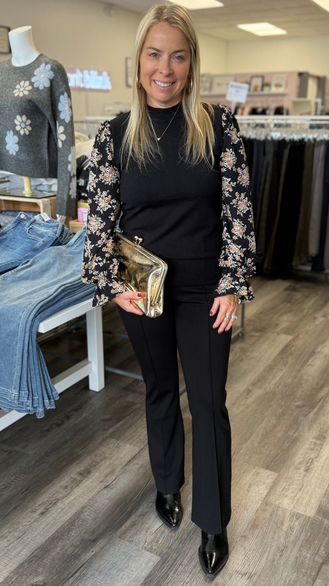 Black Floral Sleeve Detail Top