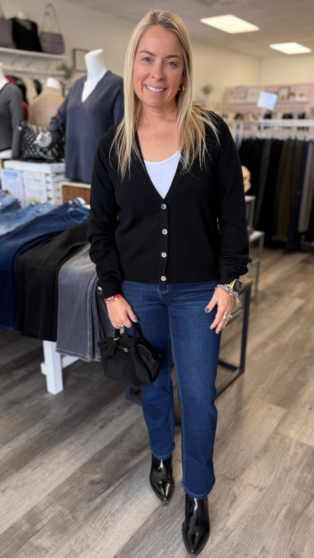 Black Deep V Knit Button Cardigan