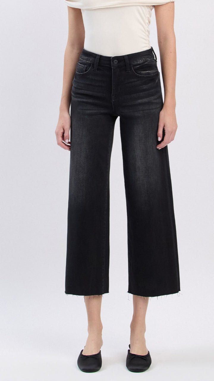 High Rise Black Raw Hem Soft Slim Wide Leg Jeans