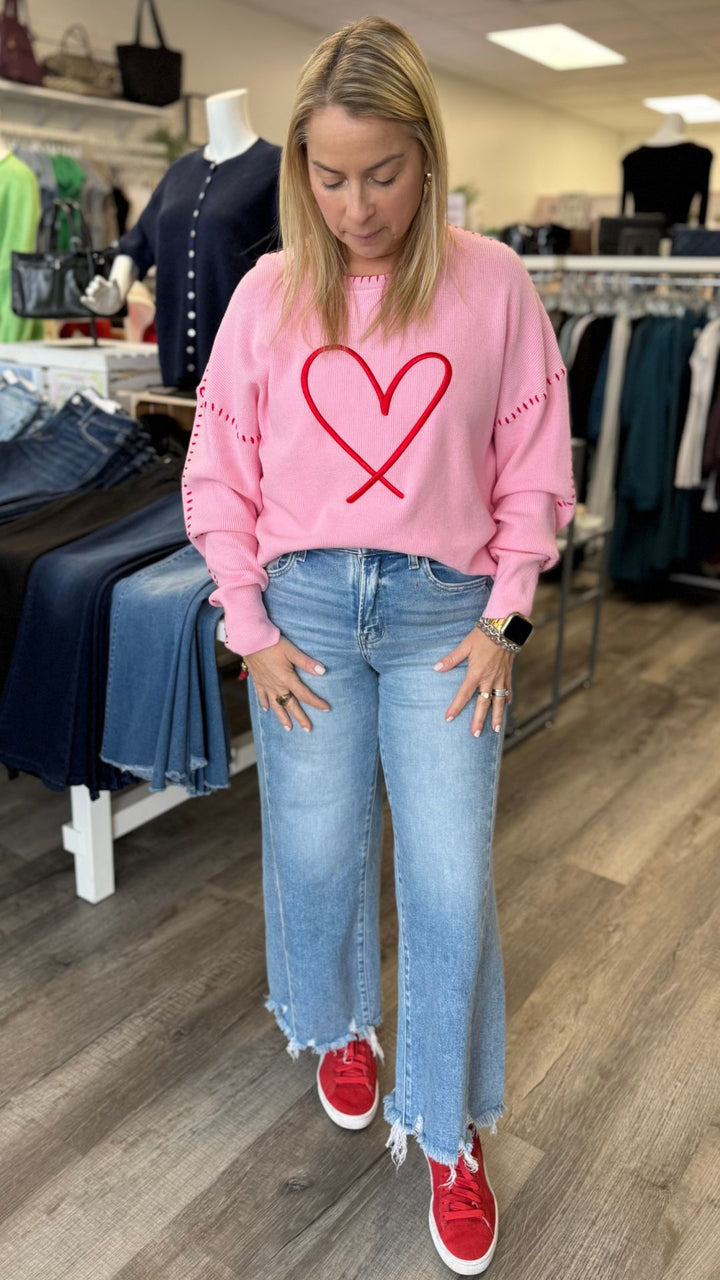 Heart Embroidered Sweater With Blanket Stitch