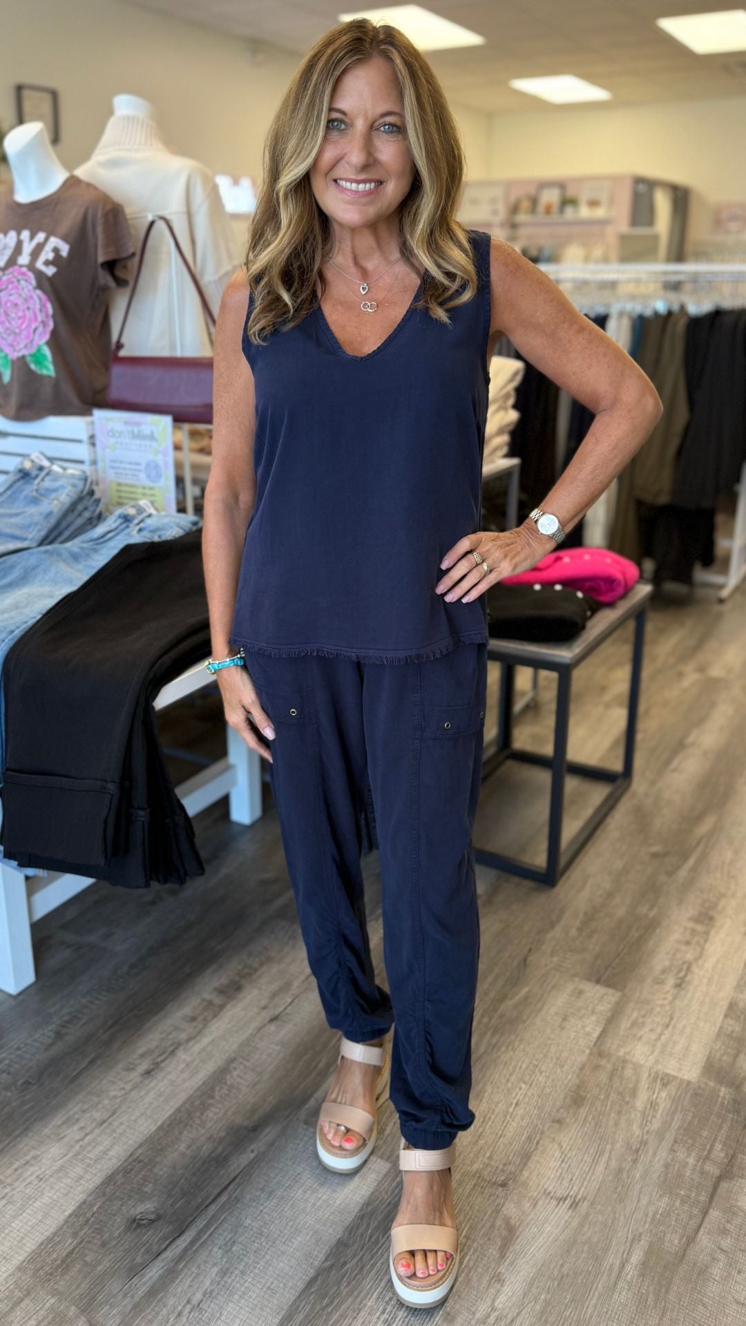Navy Ileana Cinched Soft Twill V-Neck Tank