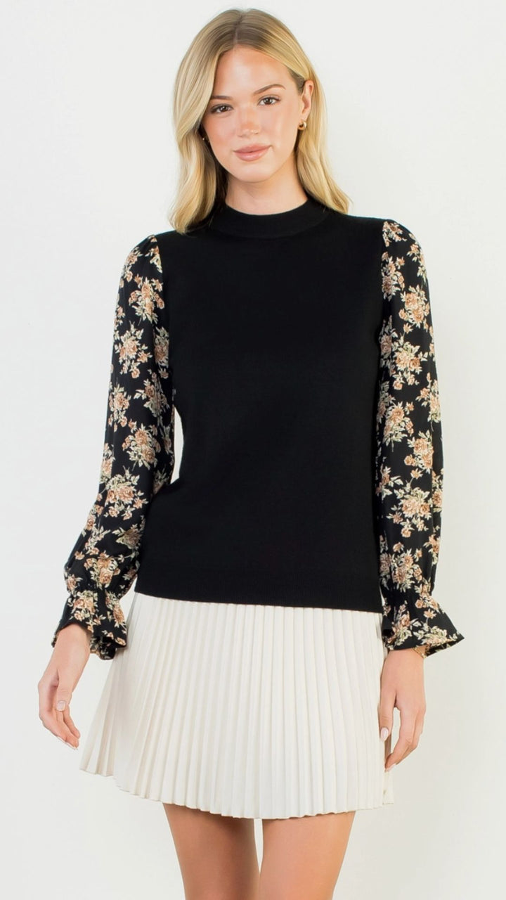 Black Floral Sleeve Detail Top
