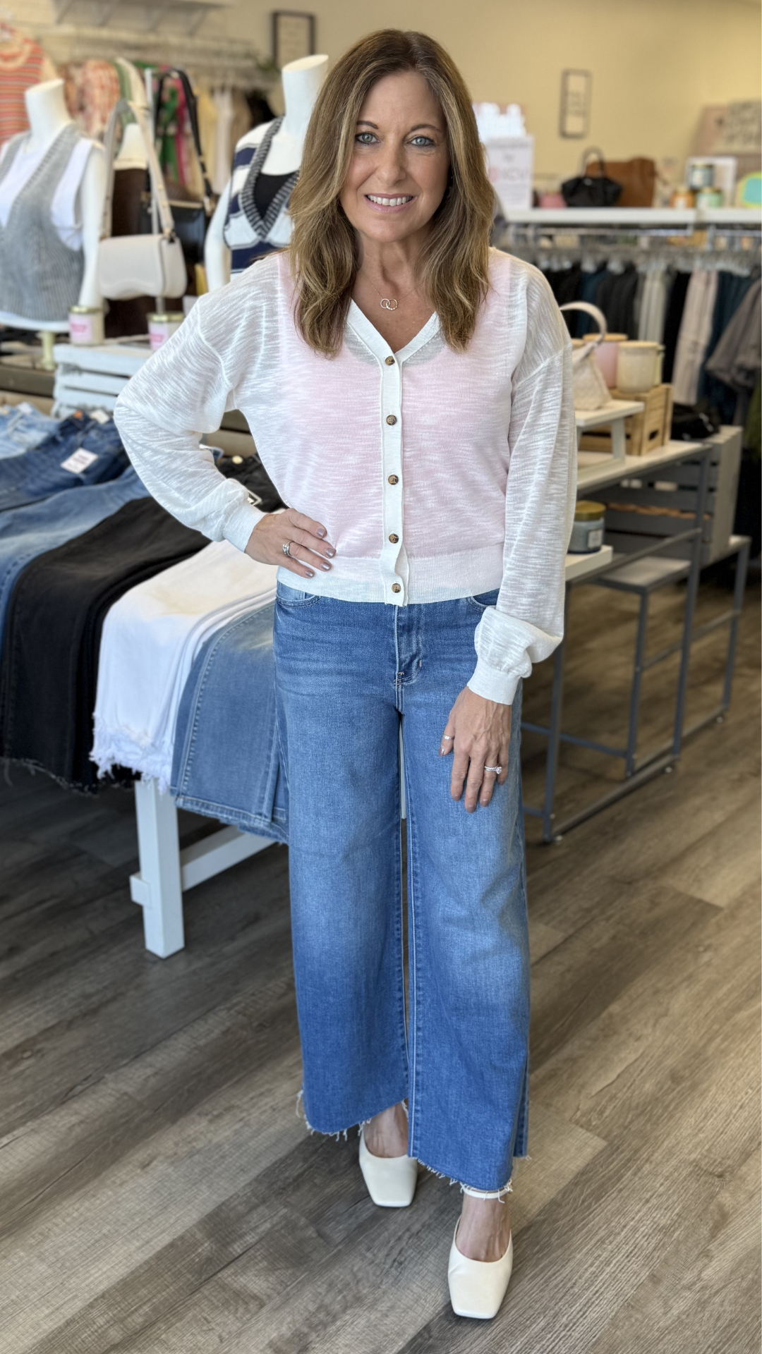 High Rise Medium Wash Scissor Cut Wide Leg Jeans