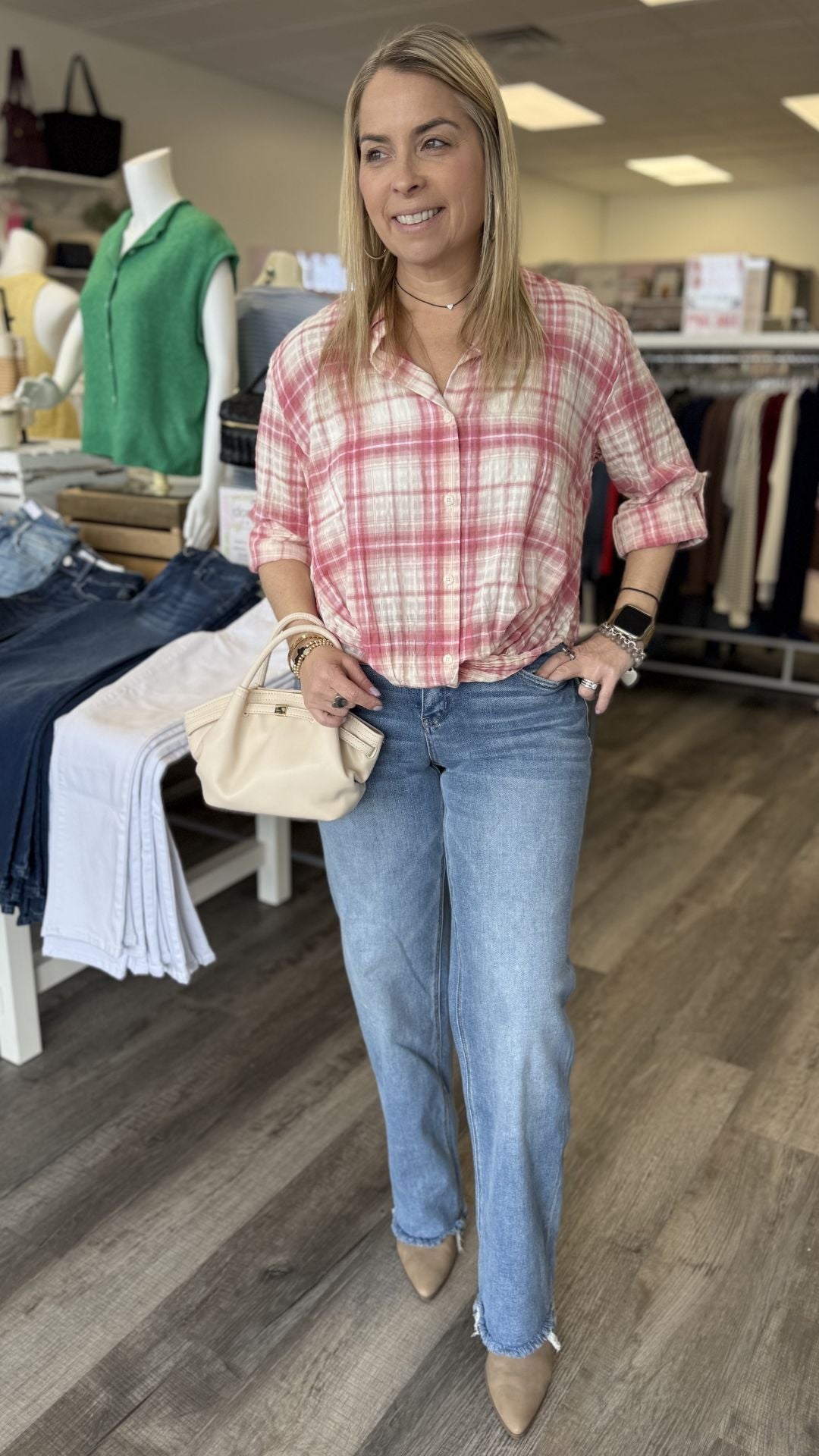 Cotton Plaid Twist Front Shirt With Roll Up Long Sleeves