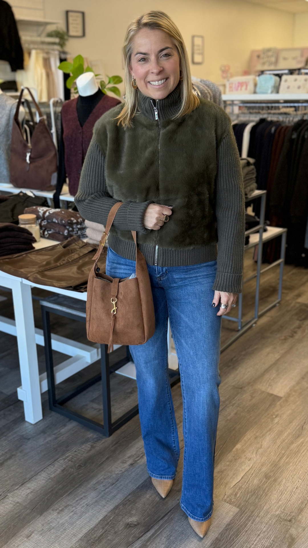 Olive Fur Long Sleeve Funnel Neck Jacket