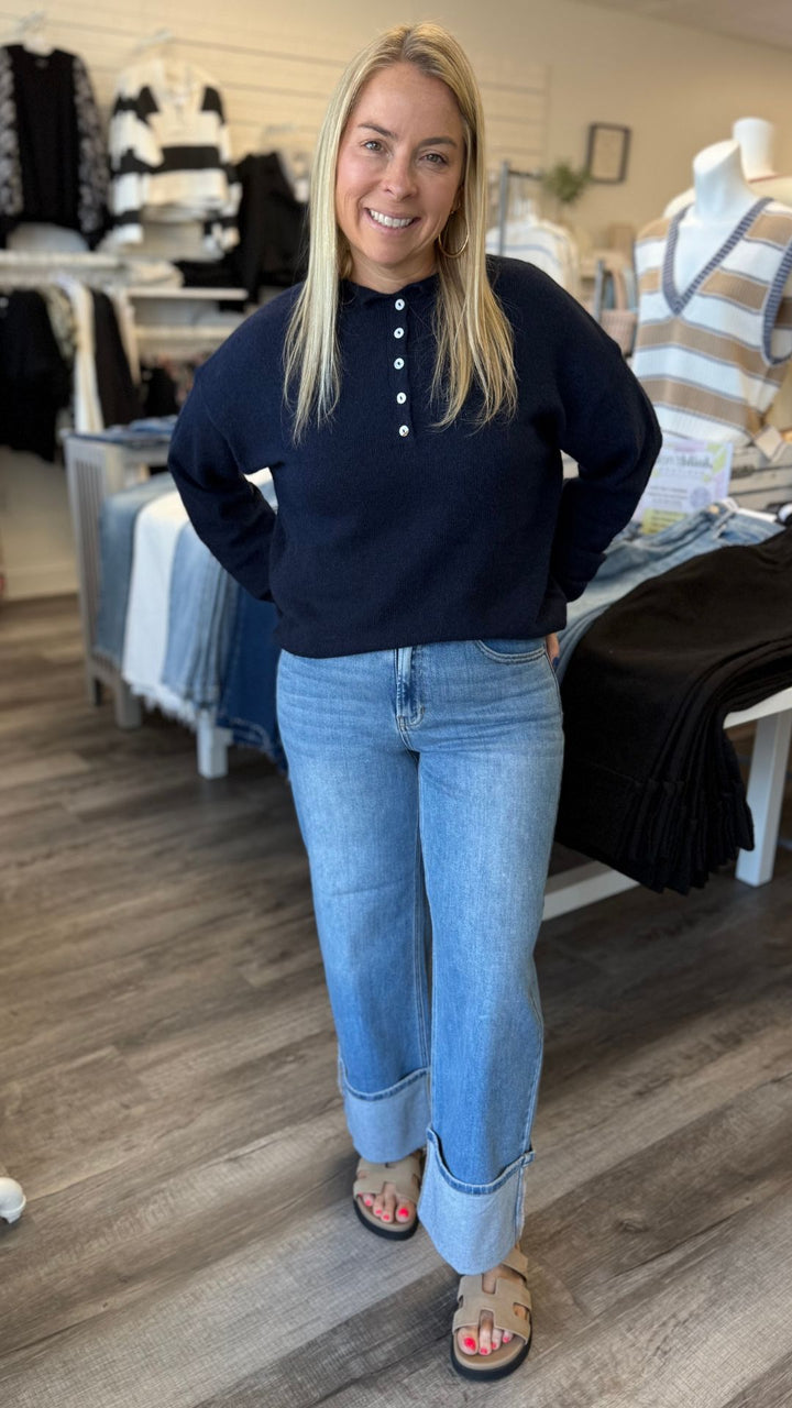 Mid Rise Medium Wash Petite Cuffed Slim Wide Jeans