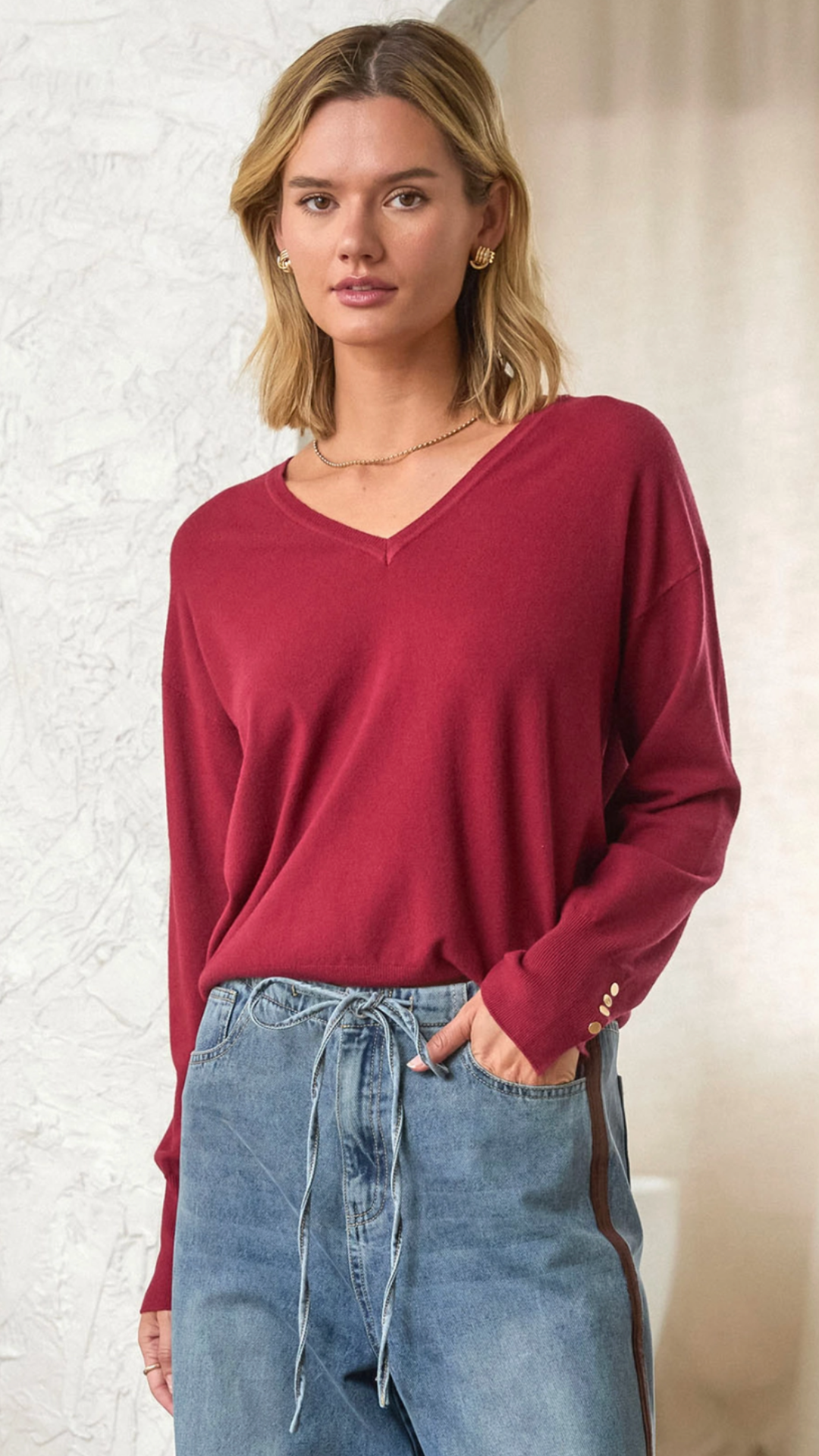 Burgundy V Neck Buttoned Sleeve Sweater