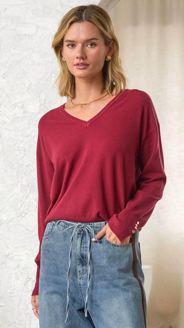 Burgundy V Neck Buttoned Sleeve Sweater