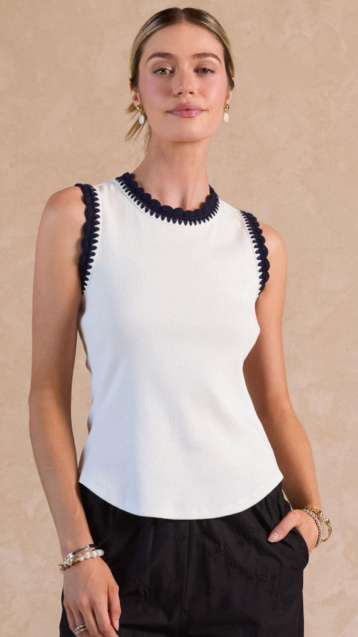 Navy Crochet Trim White Tank