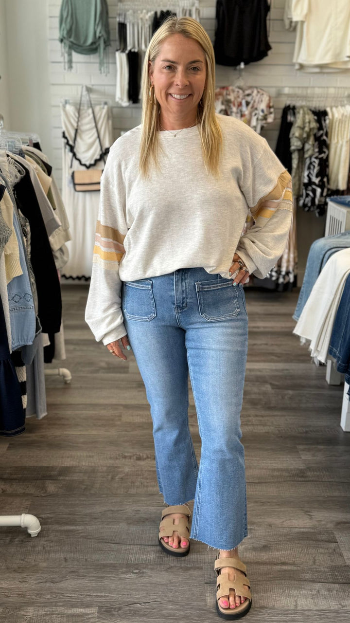 High Rise Medium Wash Patch Pocket Kick Flare Jeans