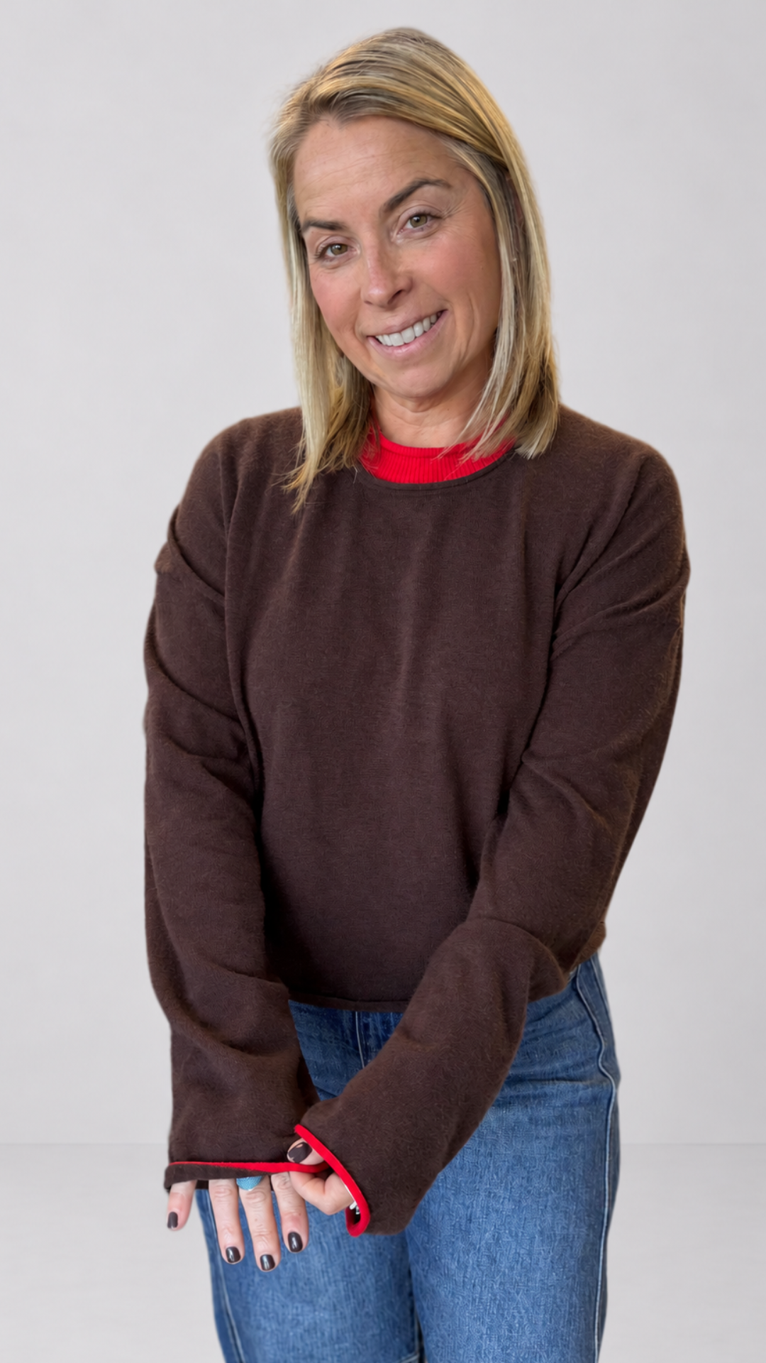Coffee And Red Contrast Trim Knit Sweater