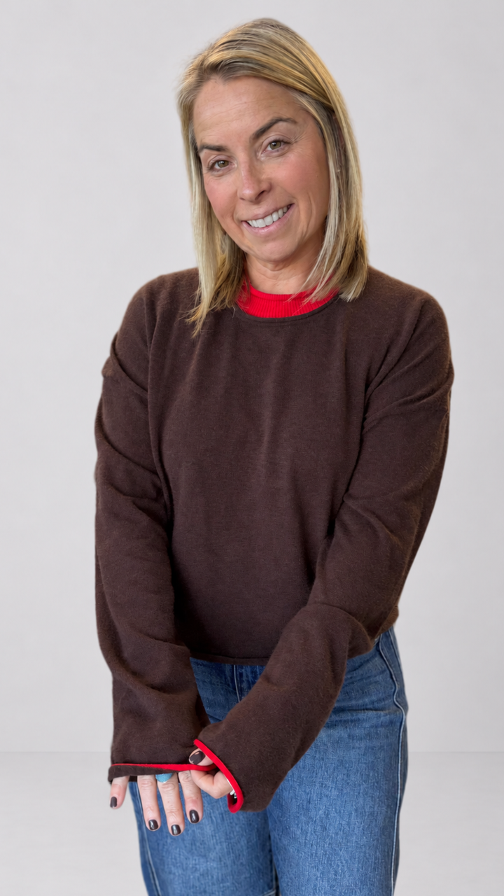 Coffee And Red Contrast Trim Knit Sweater