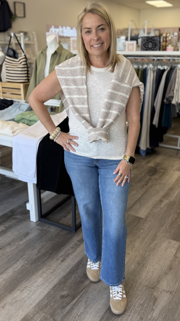 Mid Rise Medium Wash Slim Wide Leg Jeans